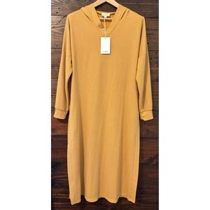 Andree by Unit Waffle Knit Hoodie Dress Tunic Womens M Mustard Yellow Midi Fall